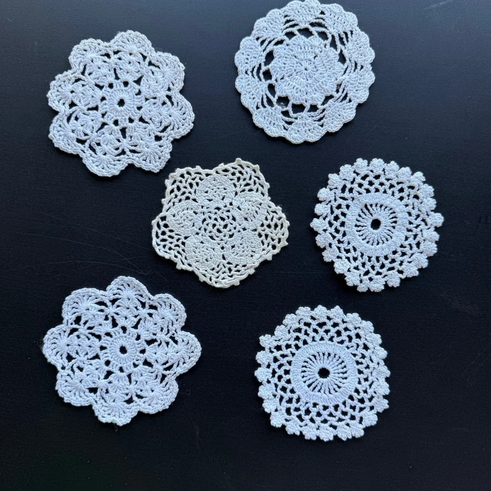 Vintage White Crochet Lace Doilies Set of 6 Coasters Floral Round Mixed Patterns